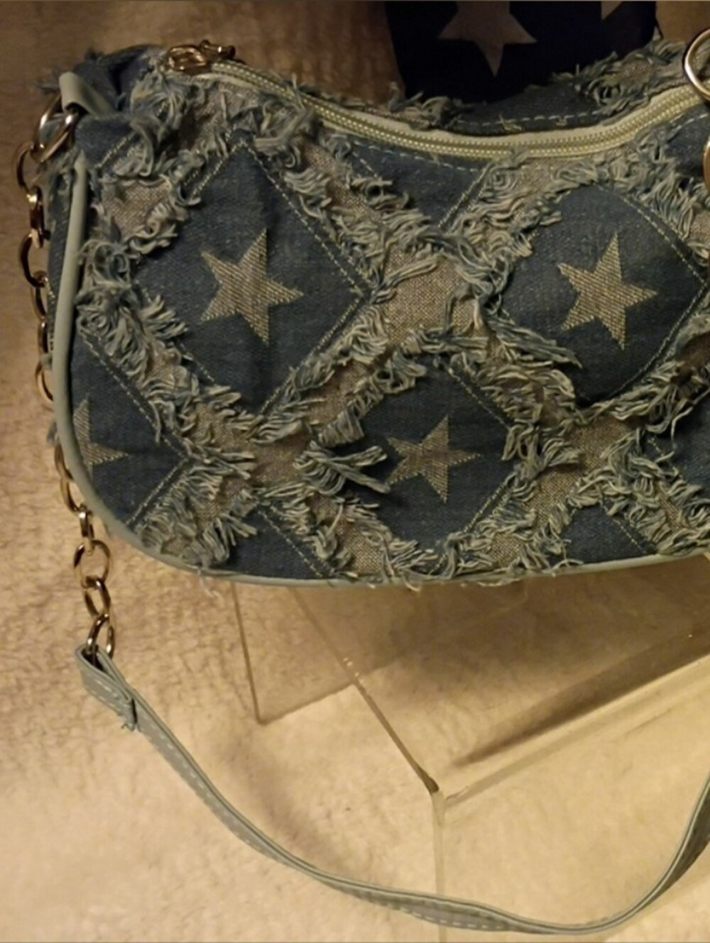 Denim Star Fringe Shoulder Bag - Blue